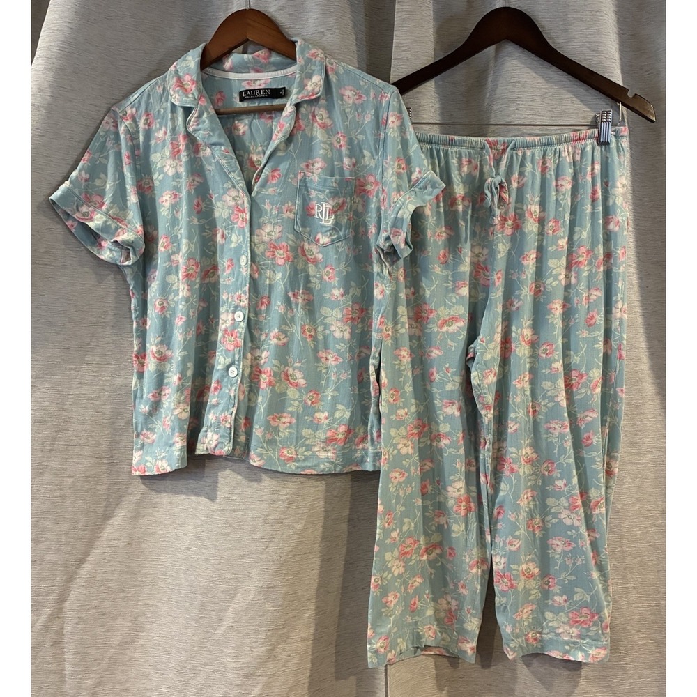Lauren Ralph Lauren Pajama Set Womens M Floral Cotton Capri Button Up Multicolor